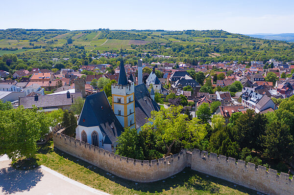 Blick von oben auf Ingelheim am Rhein, im Vordergrund die Schlosskirche.